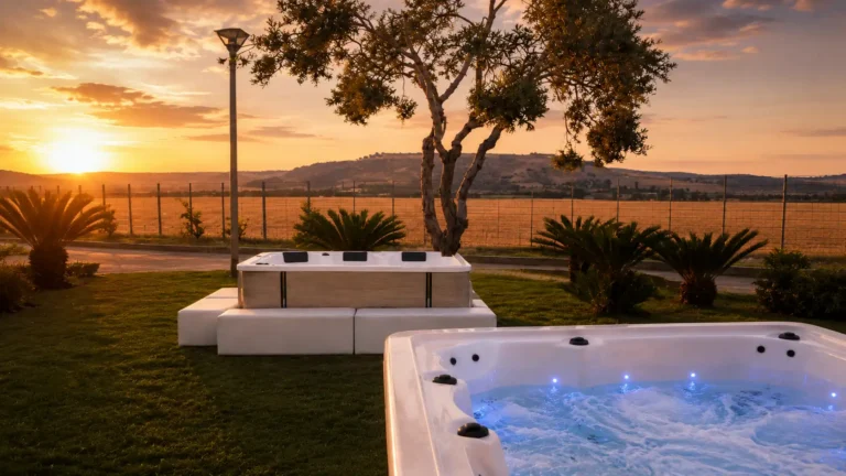 Nell'immagine, l'esterno della SPA dell'Hotel Palace Lucera con il sole al tramonto: in primo piano si vede una vasca idromassaggio.