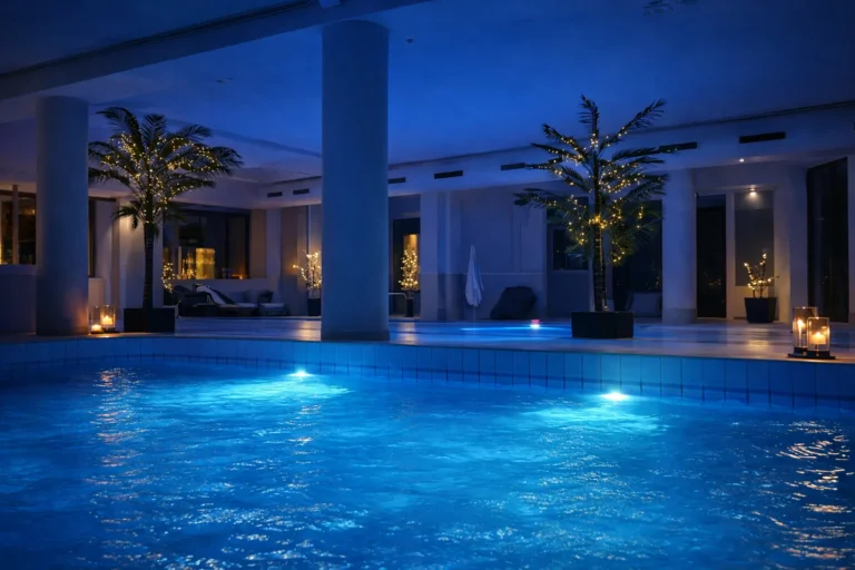 Nell'immagine, una vista serale delle piscine della SPA dell'Hotel Palace Lucera, con due alberi con delle lucine accese.