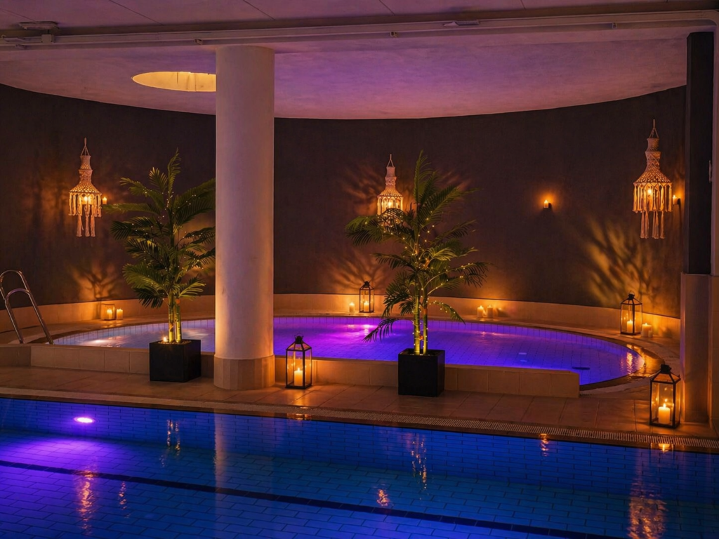Nell'immagine, una vista serale delle piscine della SPA dell'Hotel Palace Lucera, con due alberi con delle lucine accese. Tutto intorno, ci sono delle candele.