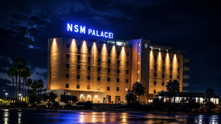 Nell'immagine, una vista serale della facciata dell'Hotel Palace Lucera con l'insegna illuminata.