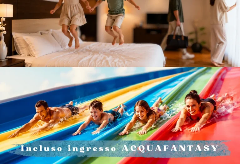 Nell'immagine, una locandina promozionale di un pacchetto dell'Hotel Palace Lucera con ingresso incluso al parco acquatico Acquafantasy.